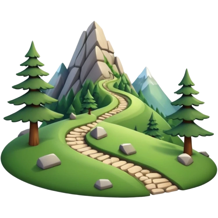 A 3D cartoon mountain trail winding up green slopes with stones and pine trees, distant peaks in background, warm daylight, Memoji-style. emoji