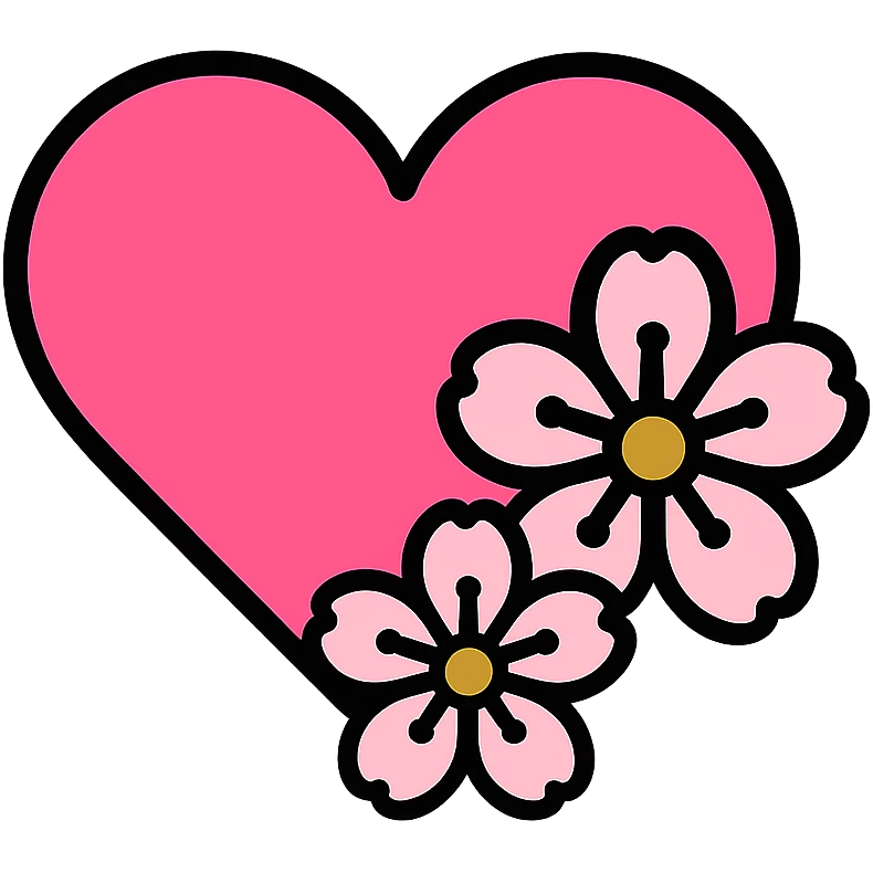 pink heart with sakura flowers, color outline icon style, clean lines and vibrant colors emoji