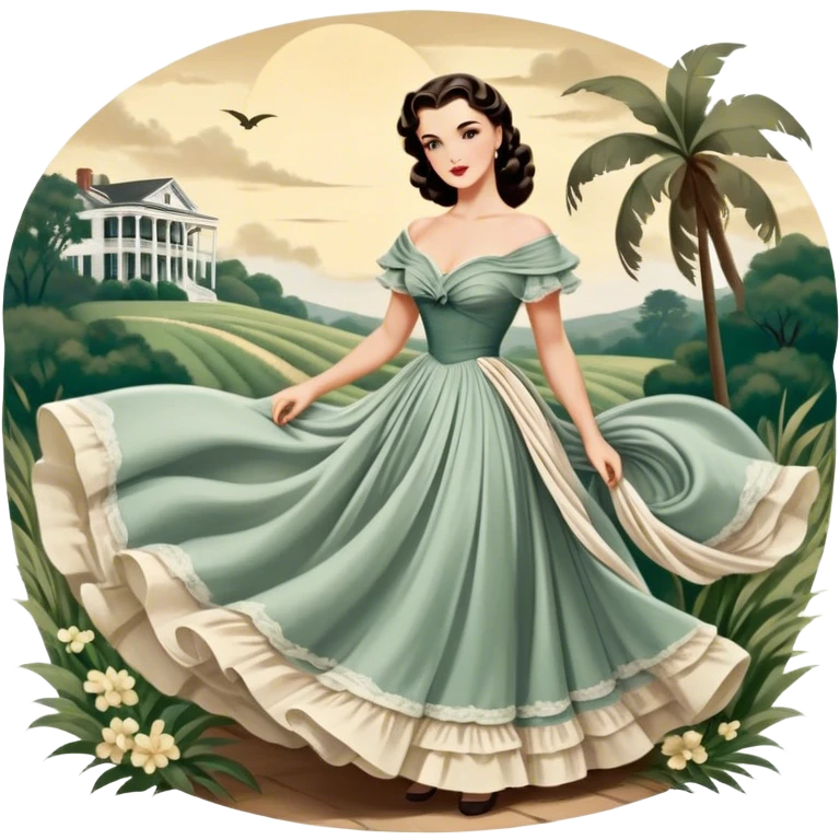 Icon for Romance Movie: A vintage movie poster-style design inspired by Gone with the Wind. Include romantic, sweeping imagery like Scarlett O'Hara in a flowing dress, Rhett Butler, a plantation backdrop, and fluttering wind-blown fabric. Soft, nostalgic cinematic feel. Transparent background. emoji