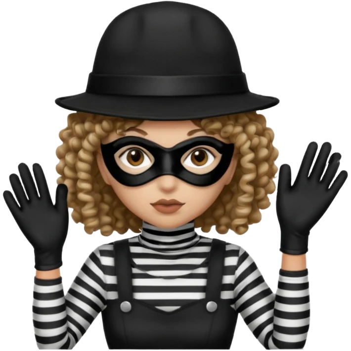 woman with robber mask concerned curly hair and robber outfit hat emoji