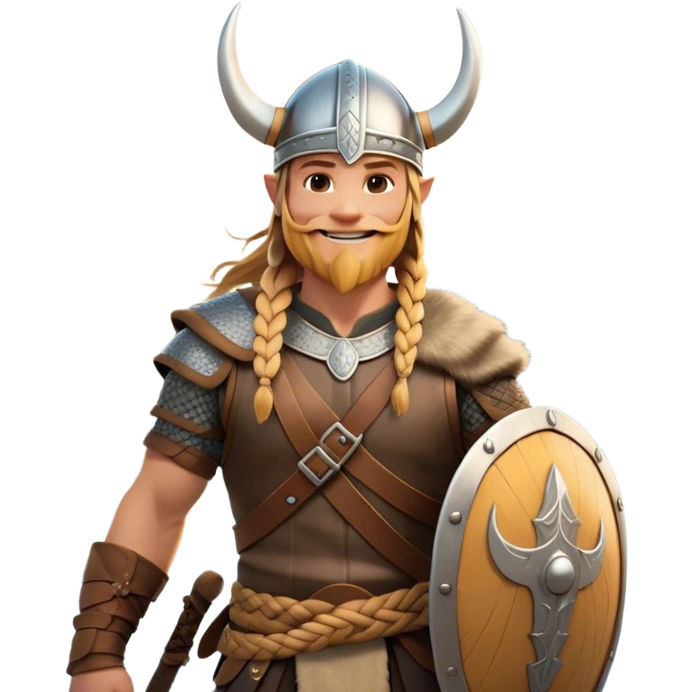 Clash of Clans aesthetic: Cinematic Cheerful Viking Portrait Emoji, With a bright, confident smile and a relaxed, adventurous stance, showcasing a stylized, spirited build with a classic Viking helmet and braided hair, his natural skin tone lending authenticity, Simplified yet expressive features, highly detailed, glowing with a soft, golden Nordic radiance, high shine, upbeat and courageous, stylized with an air of classic Viking heroism, soft glowing outline, capturing the essence of a cheerful Viking ready to embark on legendary quests! emoji
