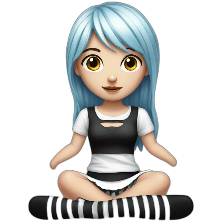 Hyperrealistic Frontal view curvy emo girl sits white skirt striped stockings hands up emoji