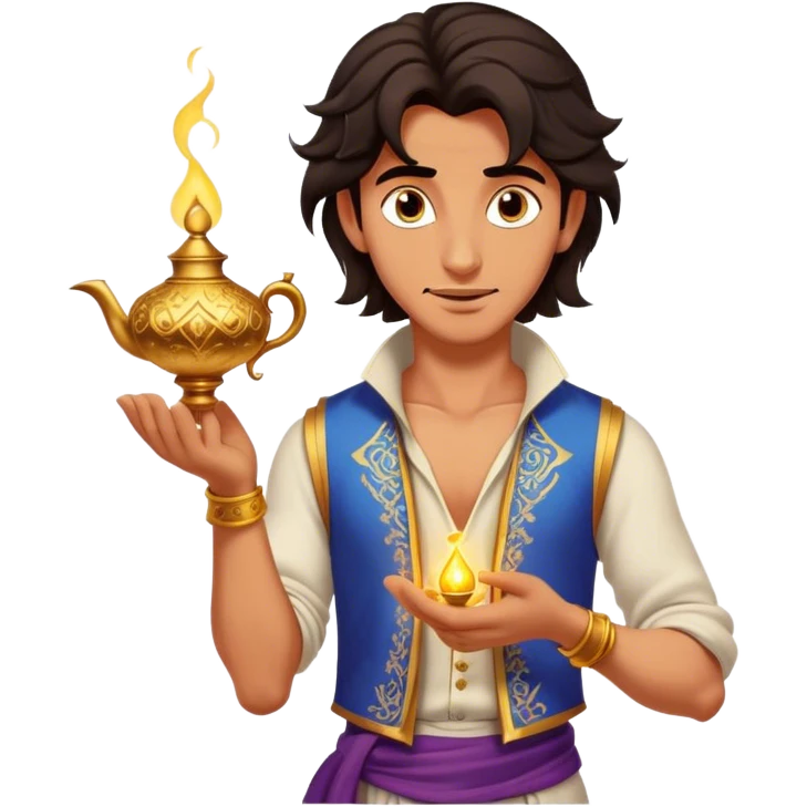 Cinematic Realistic Aladdin Portrait, depicted with lifelike, warm skin textures and a confident yet approachable gaze. His dark, wind-tousled hair frames expressive eyes full of adventure and kindness. Dressed in his iconic vest and loose trousers with intricate detailing, he holds a subtle glimmer of a magic lamp, all rendered under soft natural lighting with a radiant glow that captures his resourceful spirit. emoji