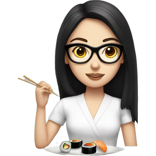 White girl with black round glasses, shoulder length straight hair and a white shirt on eating sushi emoji