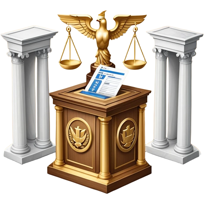 An icon featuring a ballot box with a voting paper, a government building with columns, and a scale of justice, symbolizing political science. The design includes a world map in the background, representing global political systems. Transparent background highlights governance and civic studies. emoji