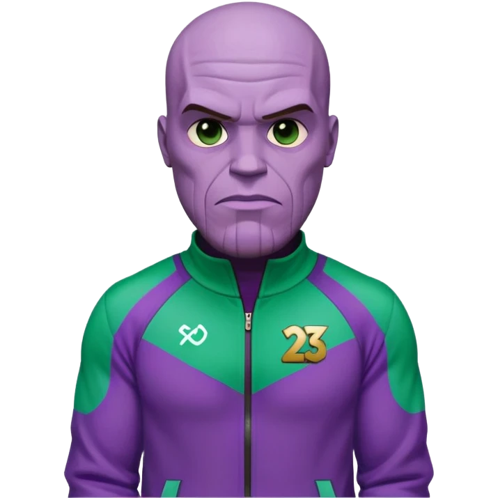 purple-skinned Thanos wearing a green Squid Game player tracksuit with number 230 emoji