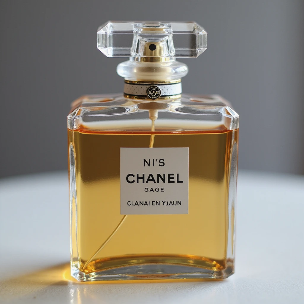 realistic Chanel perfume bottle, clear glass, elegant reflections, photorealistic style, minimal background emoji