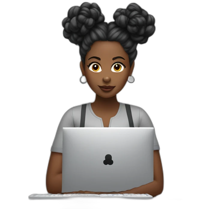 A black woman with space buns behind a computer screen, working in the field of technology emoji
