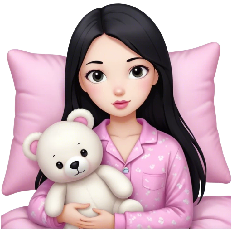 pretty girl, with straight long black hair, black eyes, long lashes, pink lips, wearing pink pajamas, holding white teddy bear plushies emoji