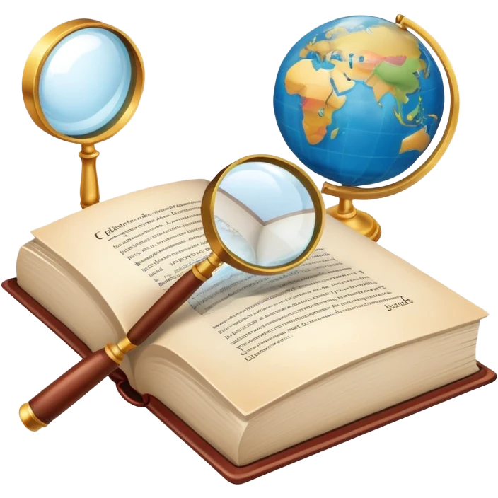 An icon featuring an open book, a speech bubble, and a magnifying glass, symbolizing the study of language and linguistics. The design includes letters, words, and a globe, representing the analysis of languages and communication across cultures. Transparent background. emoji