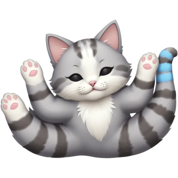 grey and white small cat eyes closed lying down upside down with paws stretched out straight in different directions emoji