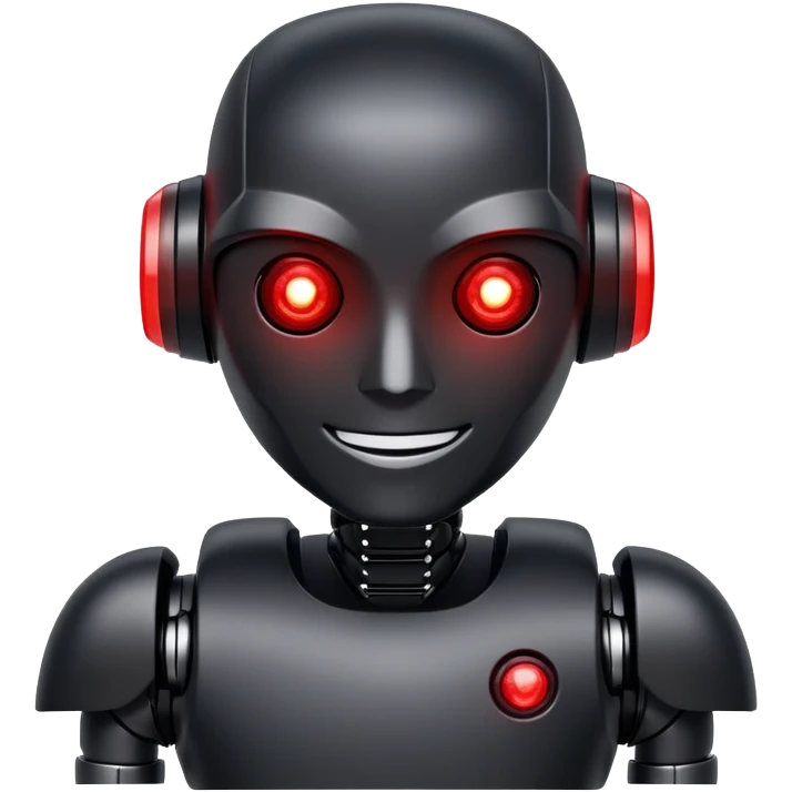 modern face of a black robot with white led eyes, red leds on robot, brave pose, smiling emoji
