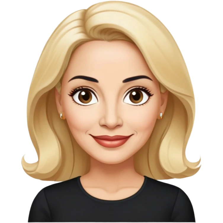 Professional portrait of Linette Torres, Puerto Rican actress in her 50s with light skin, age-appropriate features, charismatic expression, bright eyes, beautifully shaped eyebrows, charming smile, elegant blonde hair, wearing a classic black top emoji