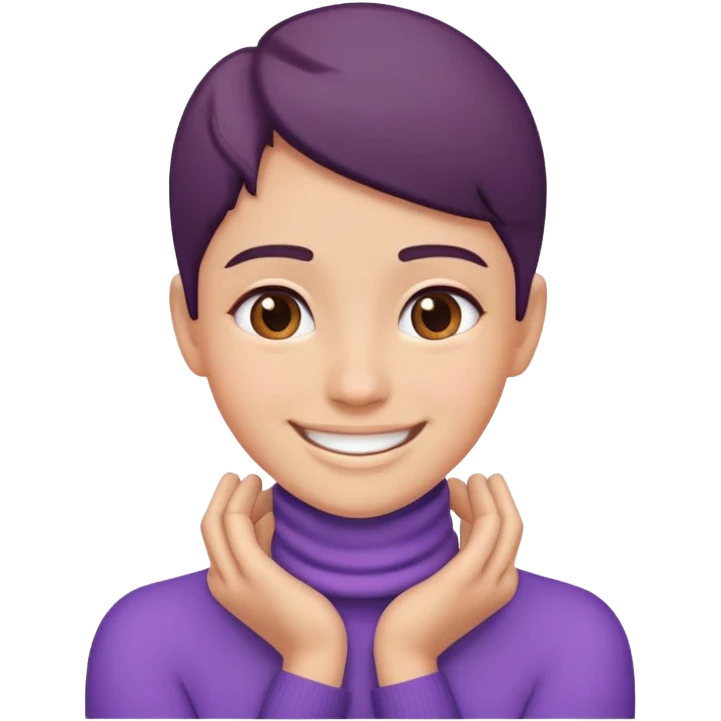 person with hands around their neck, smiling and face slightly purple emoji