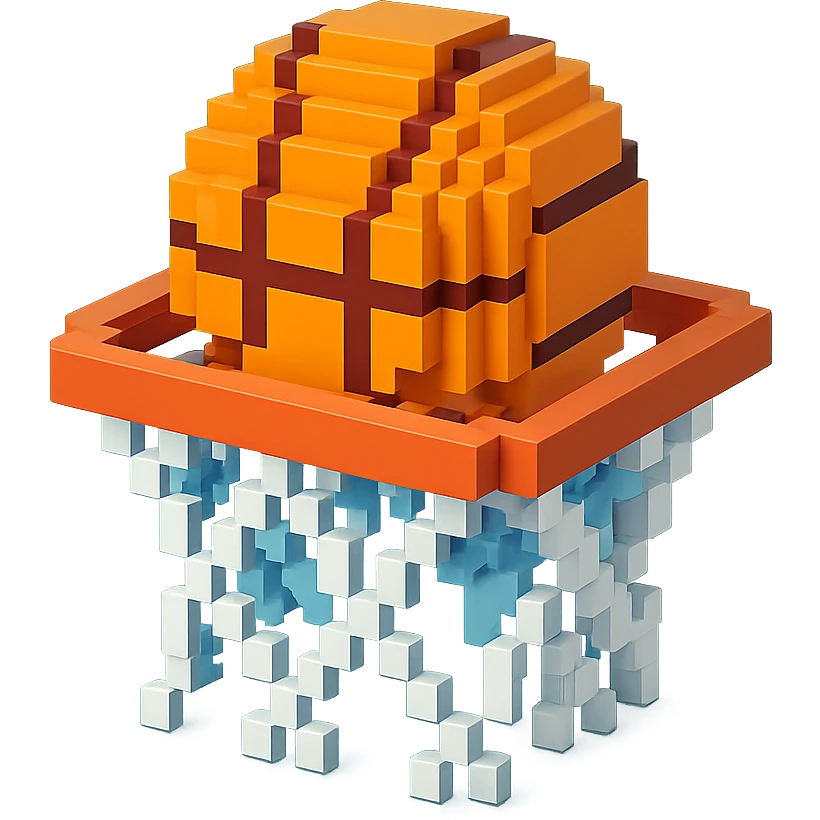 A voxel-style basketball in a net emoji