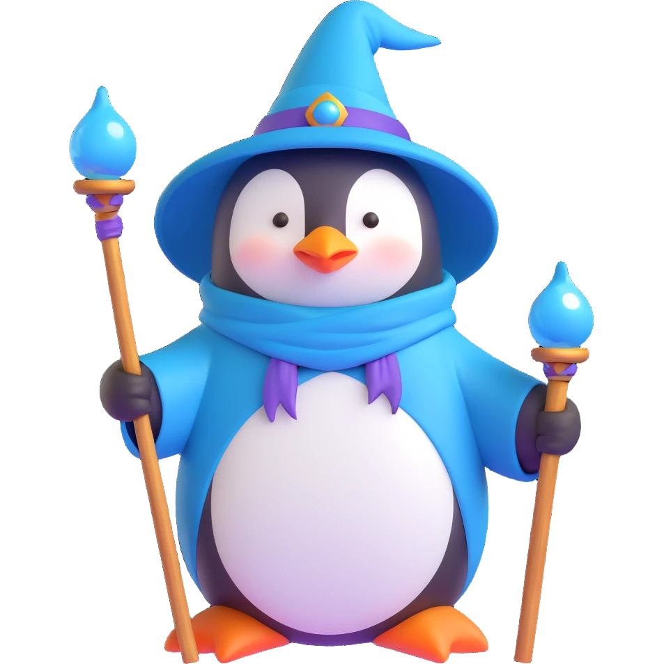 cute penguin wizard holding a magical staff in a fantasy style emoji