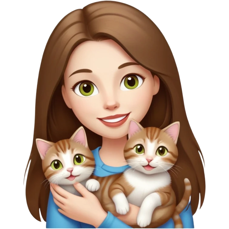 White Woman with VERY long straight brown hair, rosy lips and cheeks, big chartreuse eyes, cute happy big smile holding a white and brown tabby kitten emoji