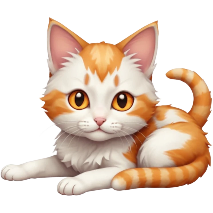 full body of very small + skinny ginger and white kitten with deep orange eyes and triangular shaped face lying down with bent front paws emoji