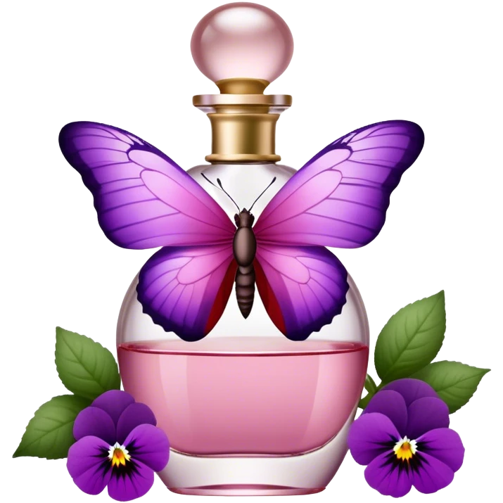 A butterfly with striking Tyrian Purple and Jasper Red wings delicately lands on a Rosewater Pink perfume bottle. Misty Rose pansies bloom softly around, creating a dreamy, romantic scene." emoji