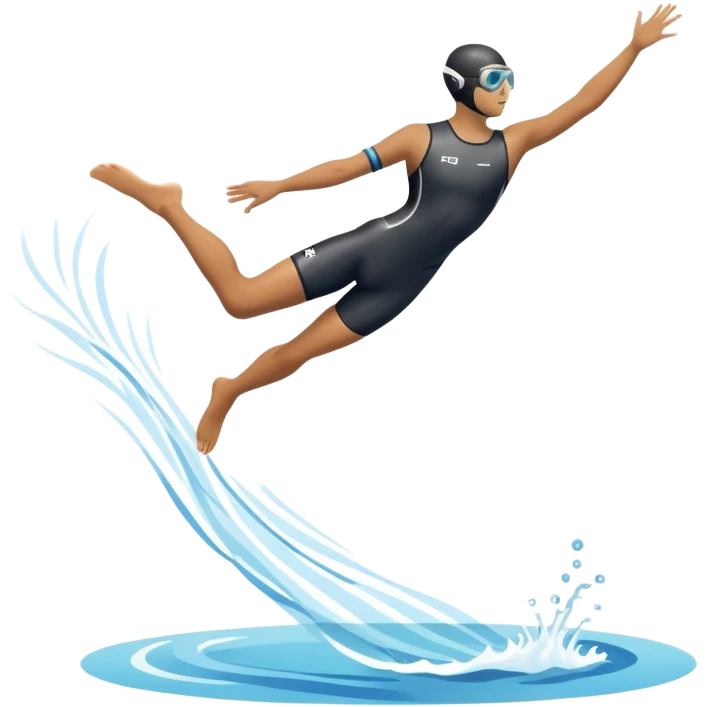 An icon showing a diver captured mid-air in a graceful pose above a pool, with a diving board behind and water below. Splash trails and motion lines emphasize precision and elegance. Transparent background highlights the beauty and focus of competitive diving. emoji