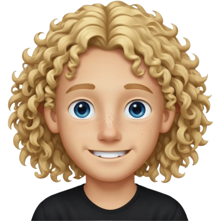 blonde boy with long curly hair past his ears, smiling, wearing a black shirt with freckles and blue eyes emoji