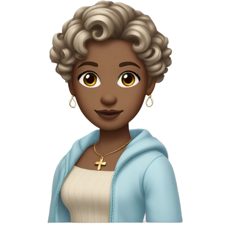 pale girl , who has curly medium length dark brown swirled hair with side bangs , light brown eyes , and doll like makeup , in a light blue off the shoulder sweater with a cross necklace emoji