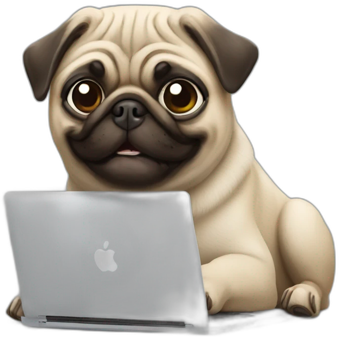 Pug smiling with a macbook emoji