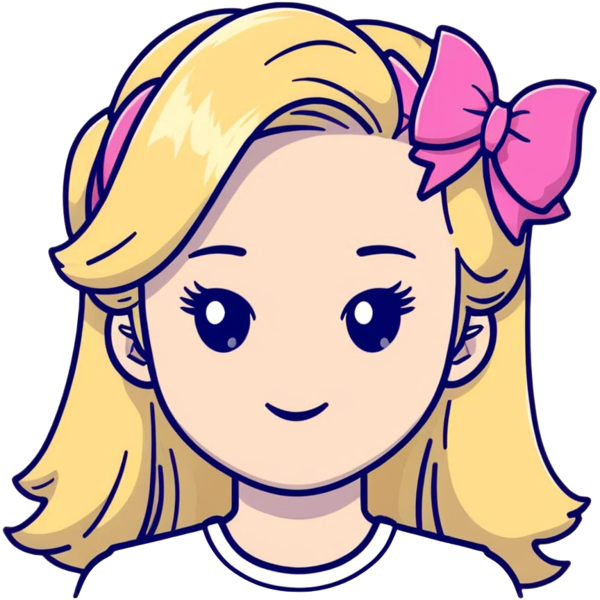 Pretty blonde bombshell girl with long hair and highlights. She has long eyelashes and a pink bow in her hair. emoji