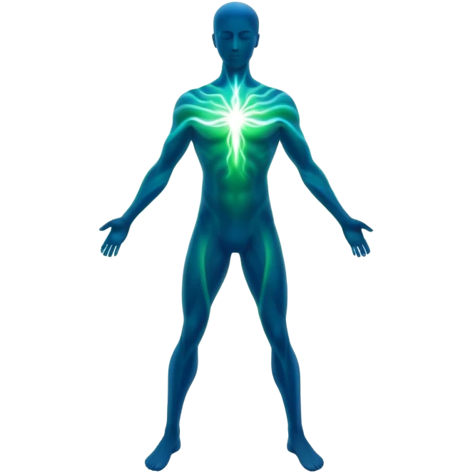 Masculine silhouette formed by radiating ethereal energy waves, abstract flowing aura in shape of man, minimalist emoji