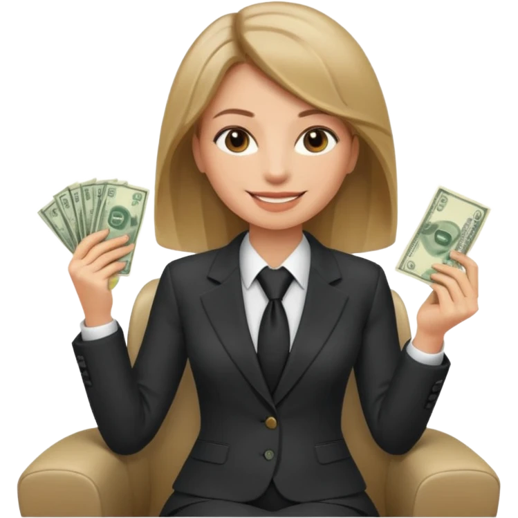 Девушка с темно русыми волосами которая начальник и она сидит красиво и счастлива с деньгами в руках emoji