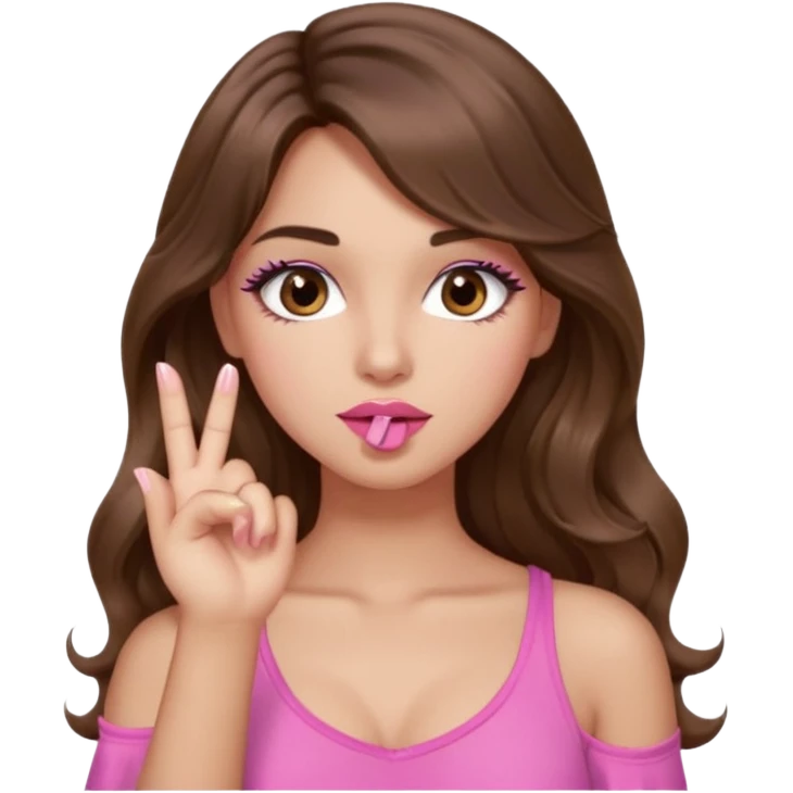 girl with long wavy brown hair, brown eyes, light to medium complexion, in a pink sexy top, pink lips, long lashes, silent motion with the hand one finger up by the mouth emoji