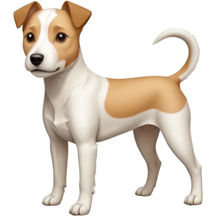 a full body facing front on of a buff white parson russell terrier looking dog the size of a kelpie with light brown long ears resting on its face and a light brown patch on one eye and a large snout. the rest of the dog is completely white.  emoji