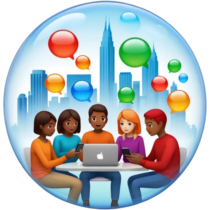 Multiple people inside colorful transparent bubbles, each using a smartphone or laptop. The bubbles are blue, red, orange, and green, with a minimalist cityscape in the background. Realistic emoji style. emoji