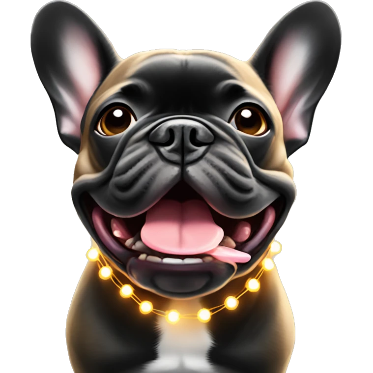 Black and tan French bulldog with Christmas light string in his mouth  emoji