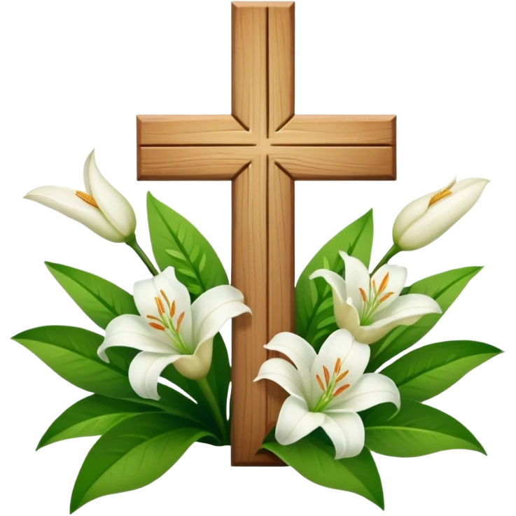 A wooden cross with white lilies around the bottom.. No lilies on the centre of the cross.  emoji