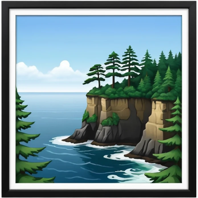 Cape Flattery iconic cliff with evergreen trees and ocean, Apple emoji style, no text emoji