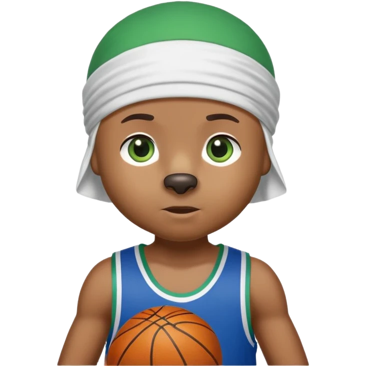 Brown bear with friendly expression and green eyes, white durag on head, blue basketball jersey visible up to shoulders, showing upper body, iOS emoji style emoji