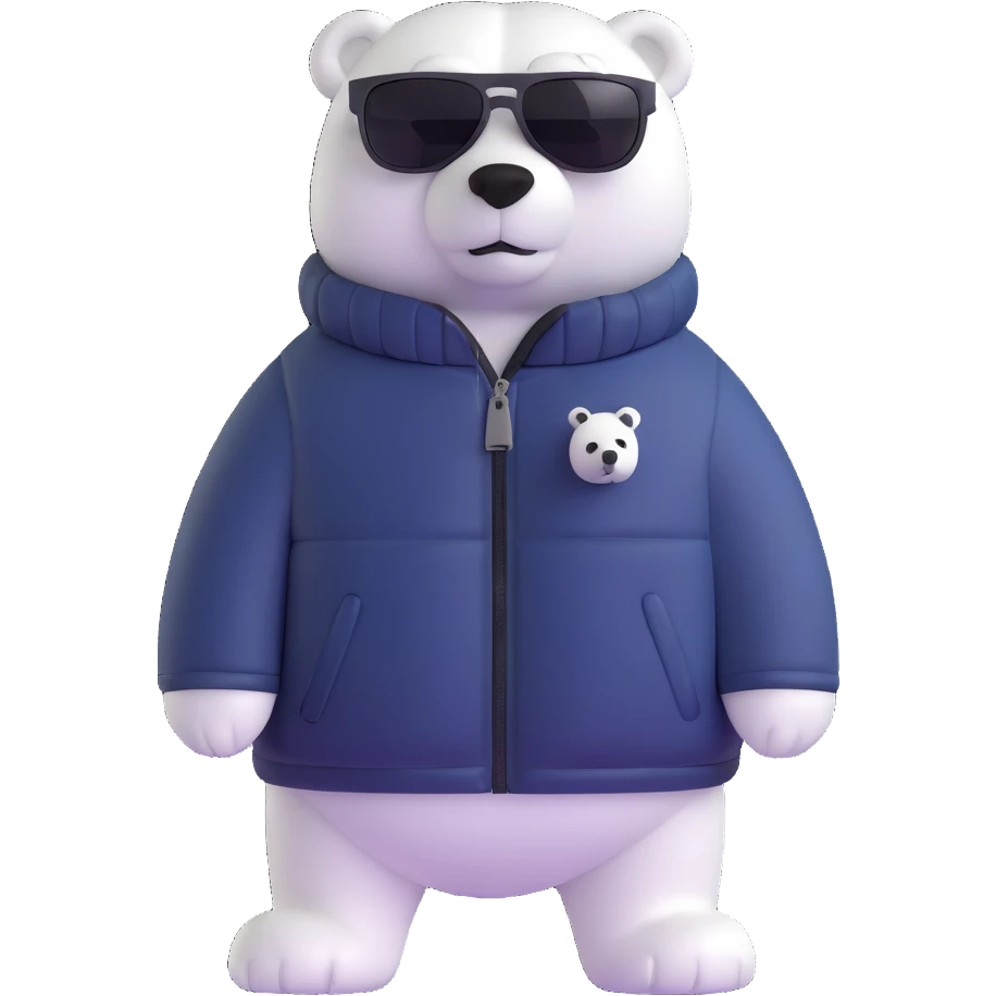 polar bear wearing a white puffer jacket and sunglasses emoji
