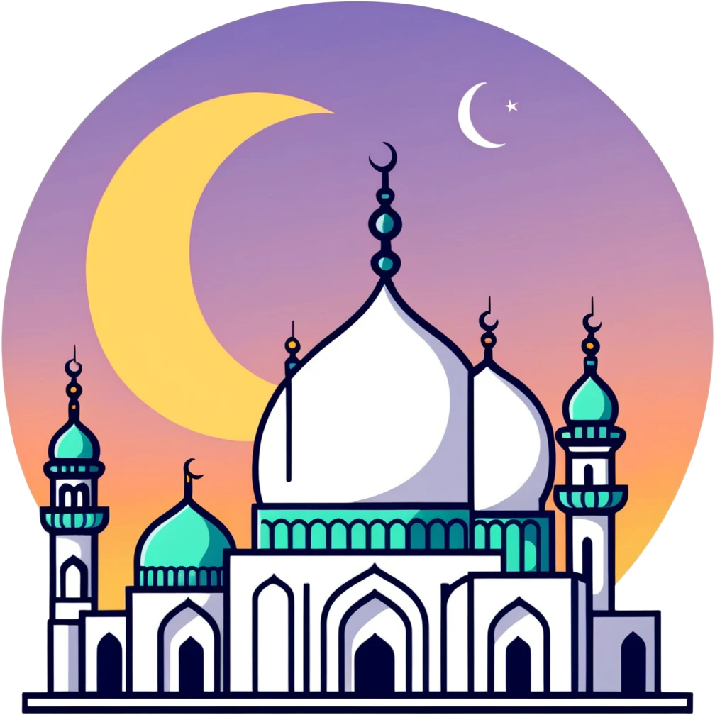Mosque at sunset with crescent moon emoji