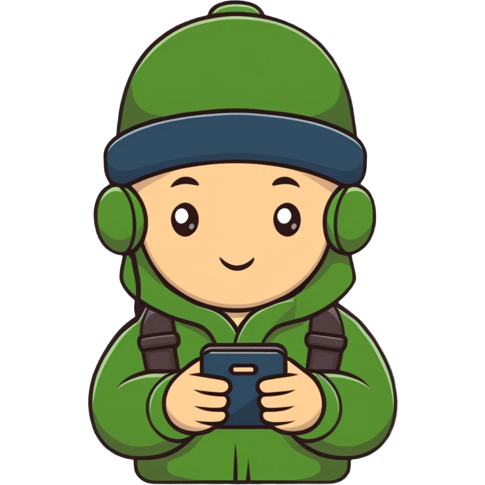 Russian military blogger wearing an ushanka hat and a vatnik, holding a smartphone emoji