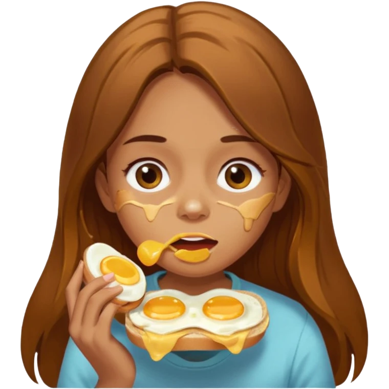Girl with brown long hair eating egg sandwich. Messy egg all over face.  emoji
