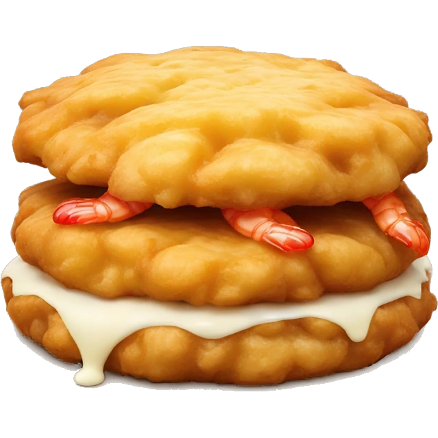 A round, golden-brown fritter, crispy on the outside, soft yellow inside with creamy filling. Topped with small reddish shrimp, it’s vibrant and rich in texture emoji