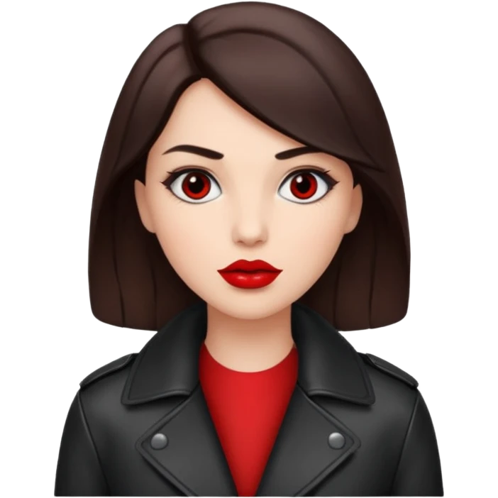 brunet in cuir coat with red lips and black eyes emoji