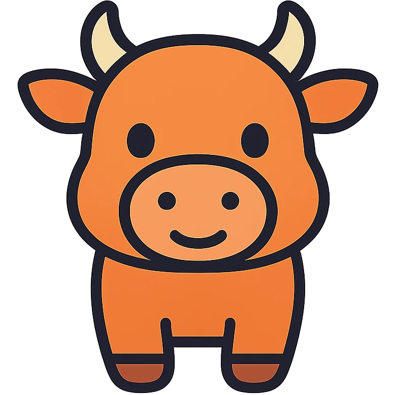 cute cartoon ox icon, rounded shapes, friendly expression, small horns, modern icon style emoji