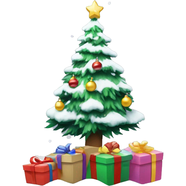 Christmas’s tree with presents under neath with snow all around emoji