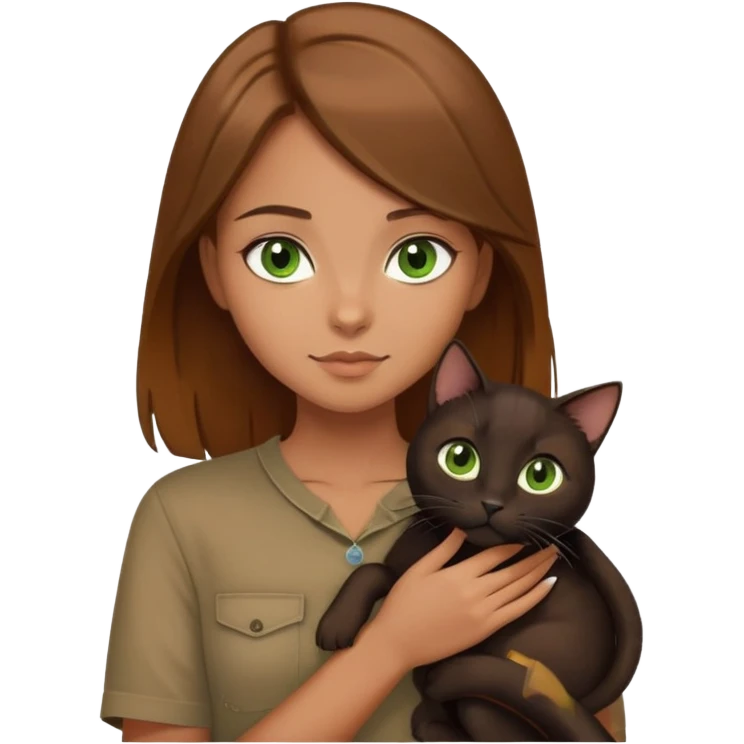 A girl with long caramel brown hair with hazel eyes, in a brown shirt, holding a black green eyed cat emoji