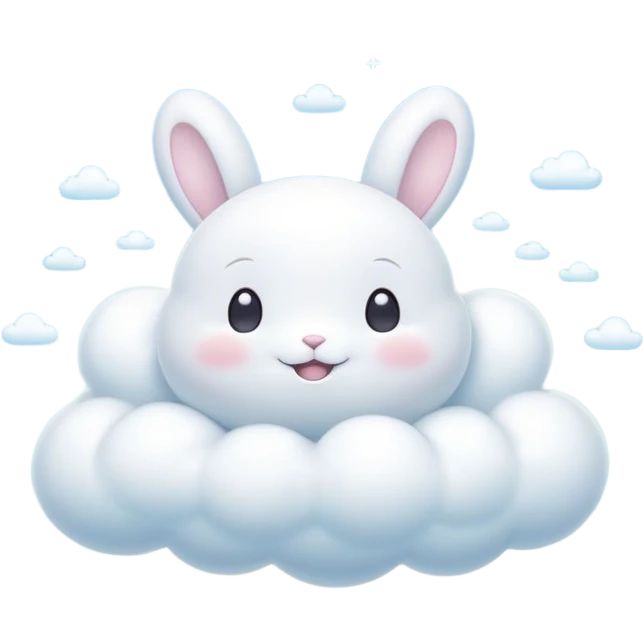 Cinematic tiny puffy bunny-shaped cloud, floating gently in the sky, soft glowing light, tiny rounded ears, smiling face, dreamy and magical. emoji