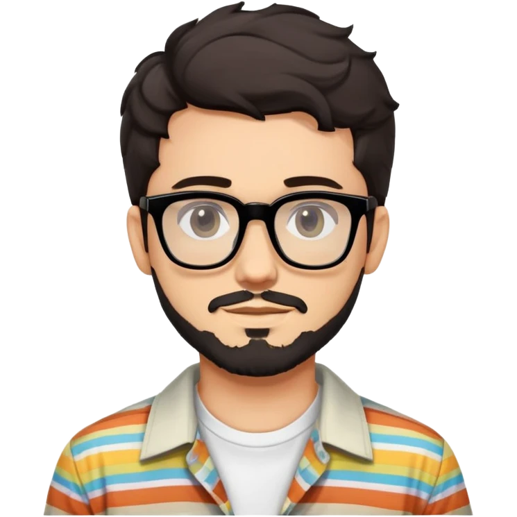 young adult man with light skin, short beard, dark wavy hair, relaxed expression, very wide rectangular glasses with thick black acetate frame and thick double bridge, retro oversized style, colorful open shirt and white t-shirt emoji