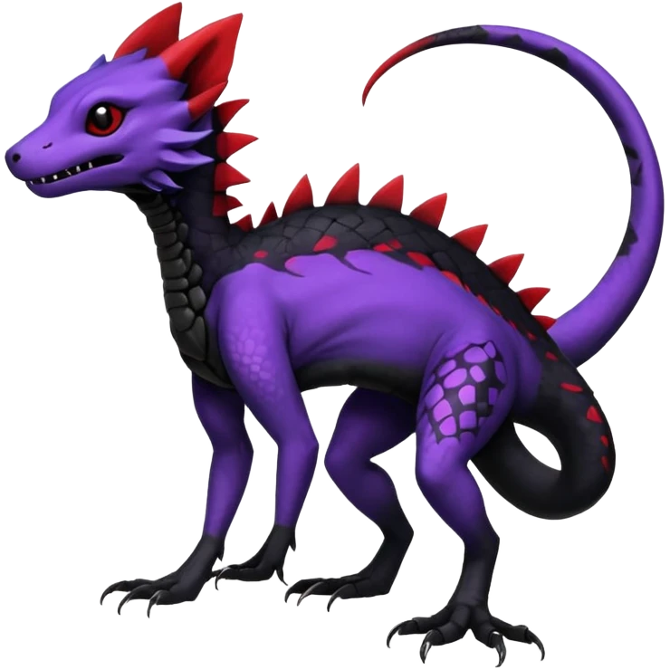 Rare realistic exotic edgy dark gothic gloomy spooky black and red/purple epic pretty beautiful handsome gorgeous aesthetic colorful vibrant Vernid-Trico-species-Fakemon-Salandit-hybrid-creature by LiLaiRa, 4 legs, 1 tail, random markings, (full body) emoji