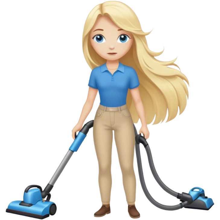 Cinematic realistic blonde with long hair, blue eyes vacuums emoji
